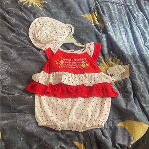 Red and White Baby Romper with Hat